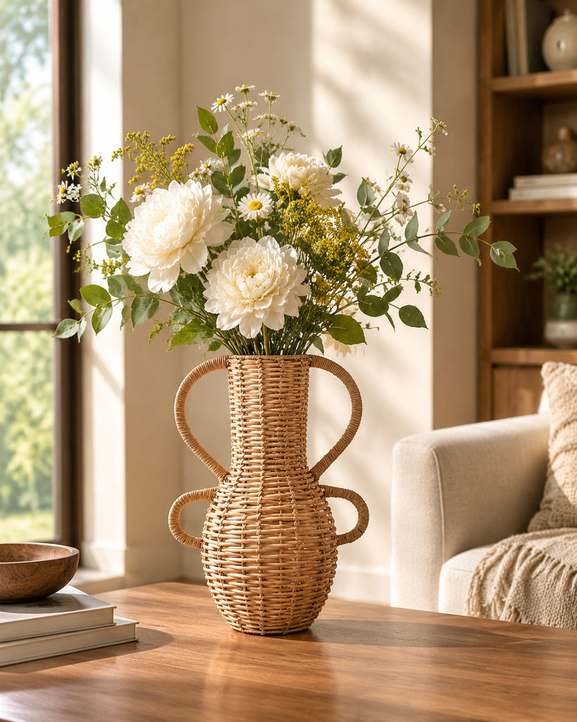 Natural Brown Handcrafted Rattan Four-Handle Vase - 12.2"
