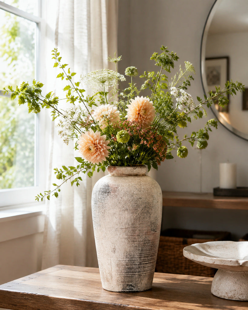 Antique Beige Textured Ceramic Vase - 11"