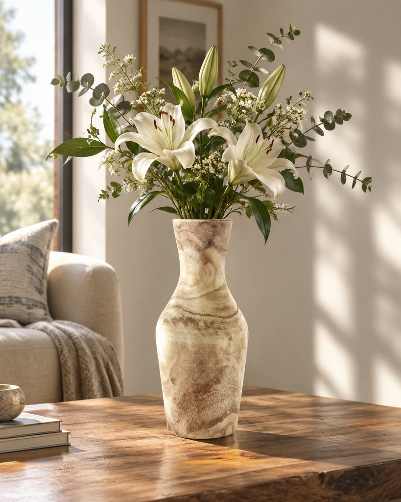 Natural Wood Grain Sculptural Flared-Neck Vase - 13.8"