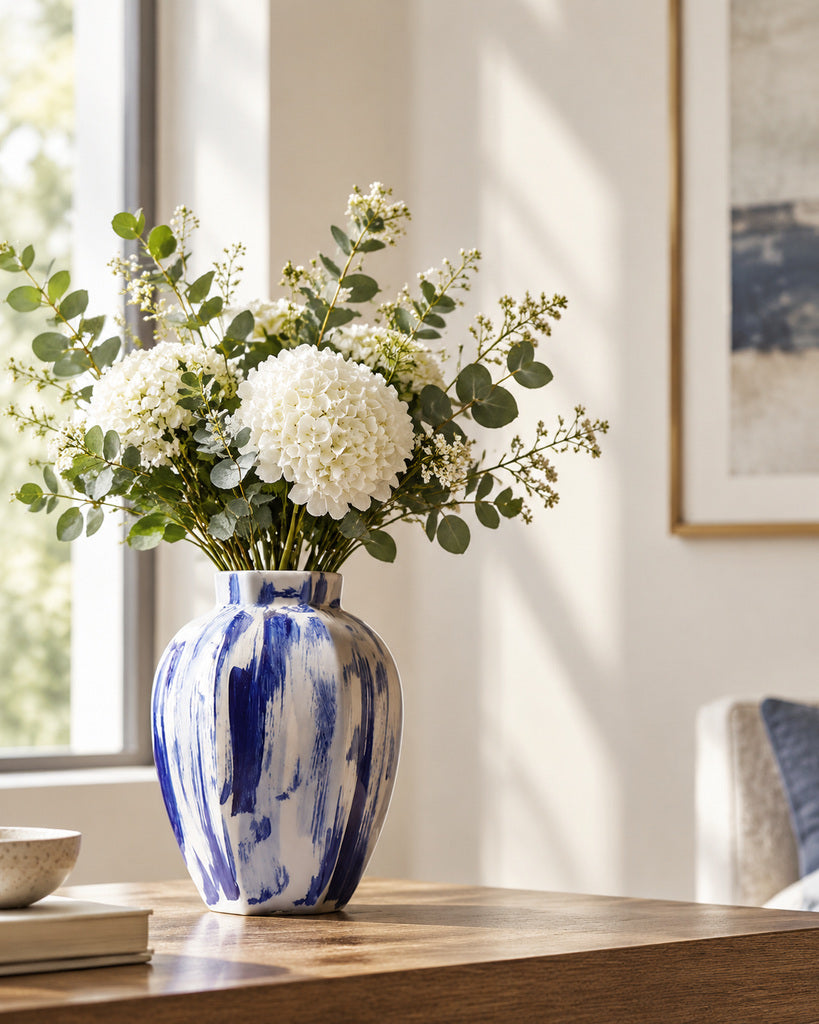 Ivory White & Cobalt Blue Brushstroke Vase - 10.3"