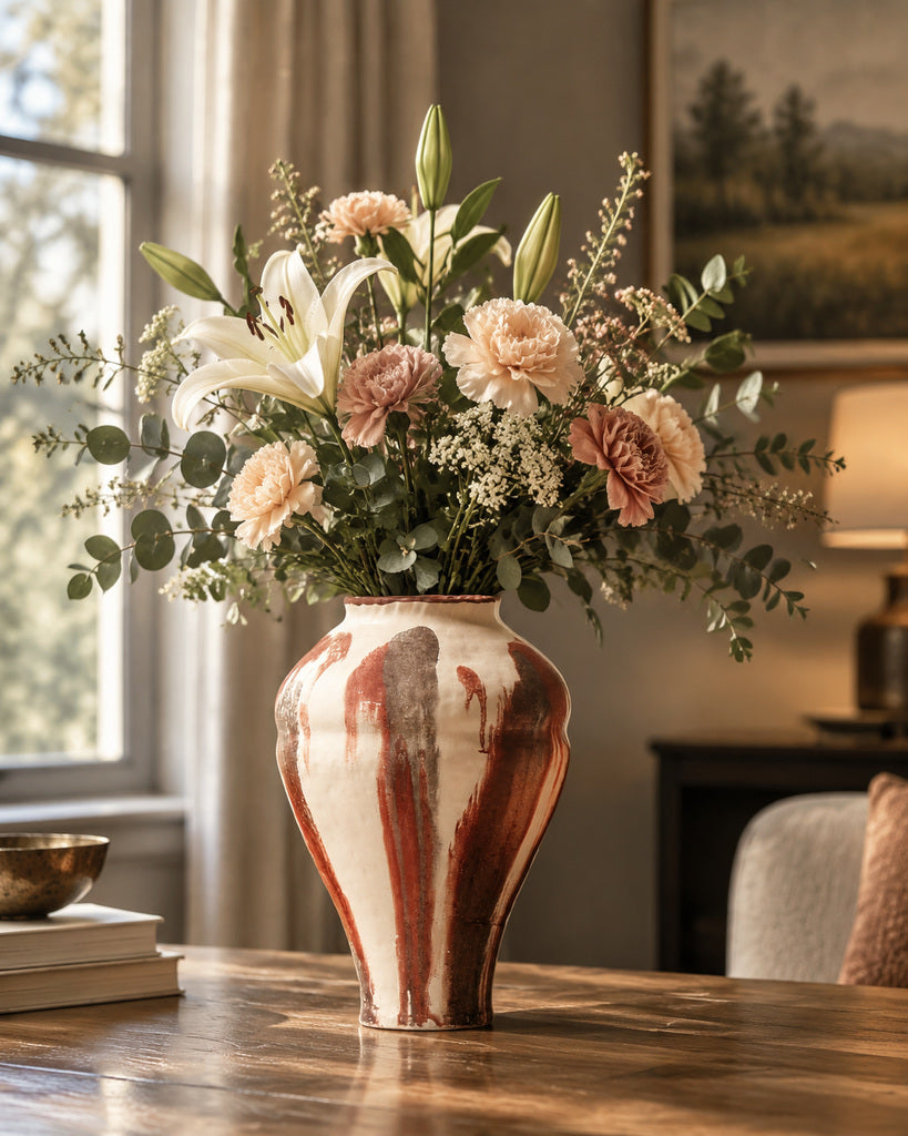 Ivory & Rust Red Brushstroke Sculptural Vase - 10.5"