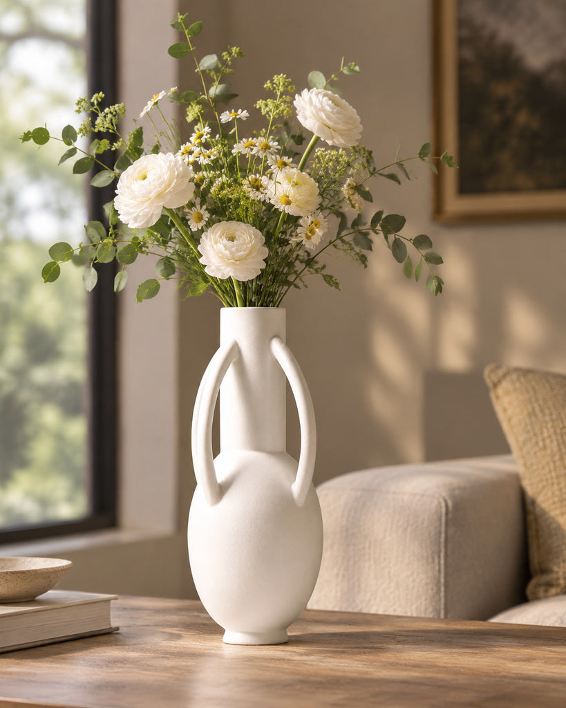 Matte White Tall Geometric Sculptural Vase - 13.9"