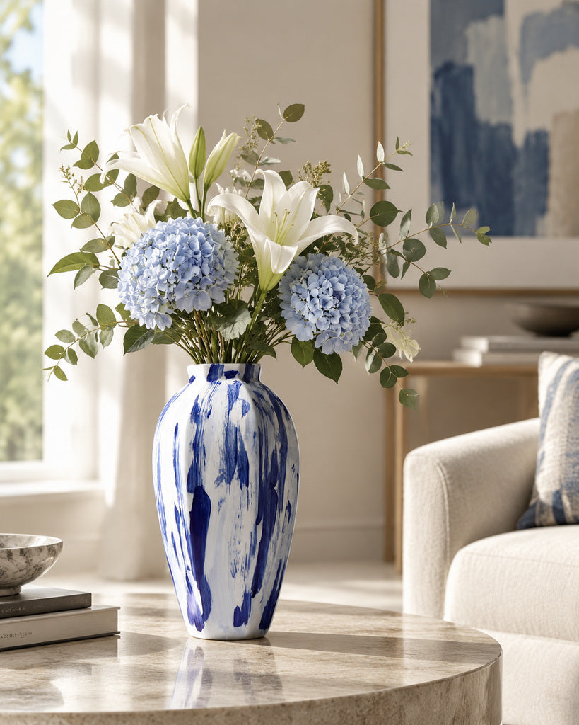 Ivory White & Cobalt Blue Tall Brushstroke Vase - 13.8"