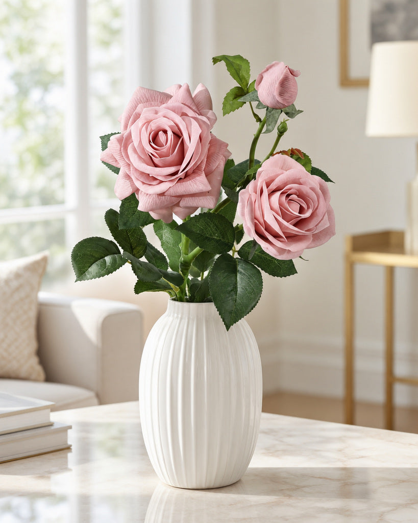 Dusty Pink 3-Head Princess Rose Faux Flower Stem - 75cm