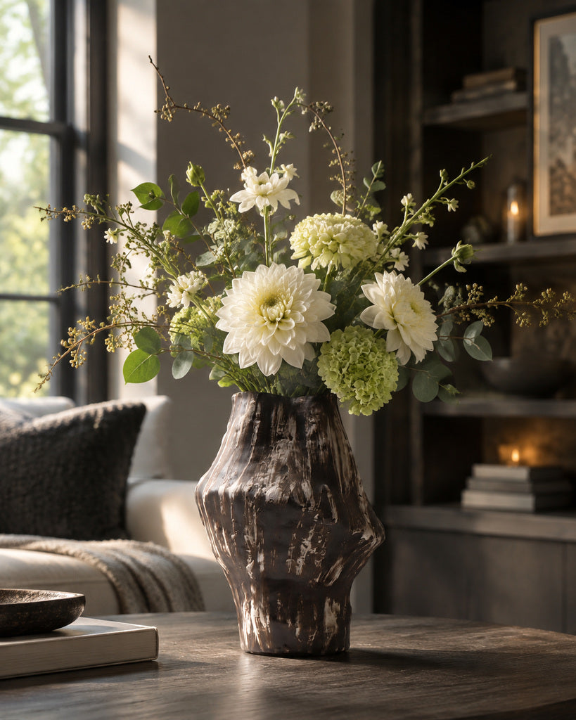 Dark Brown & Ivory Distressed Sculptural Vase - 11.5"
