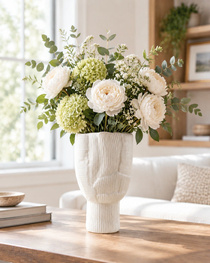 Pure White Organic Ribbed Sculptural Vase - 14.2"