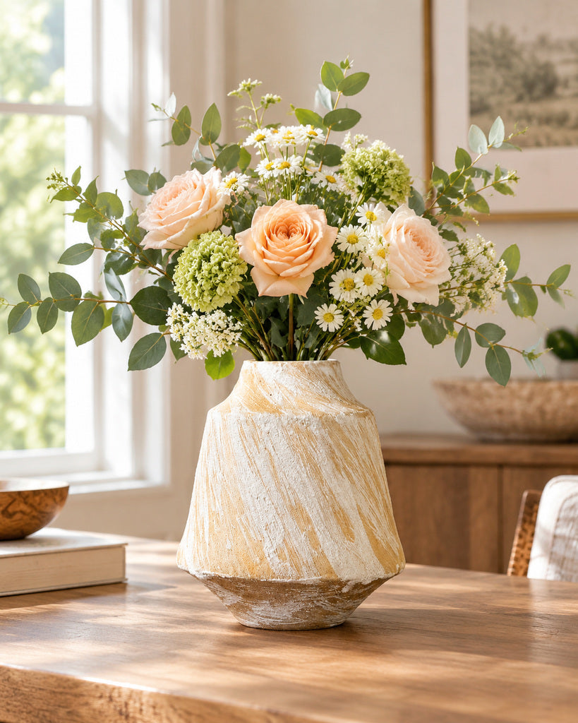 Warm Ivory Brushstroke Textured Sculptural Vase - 7.9"