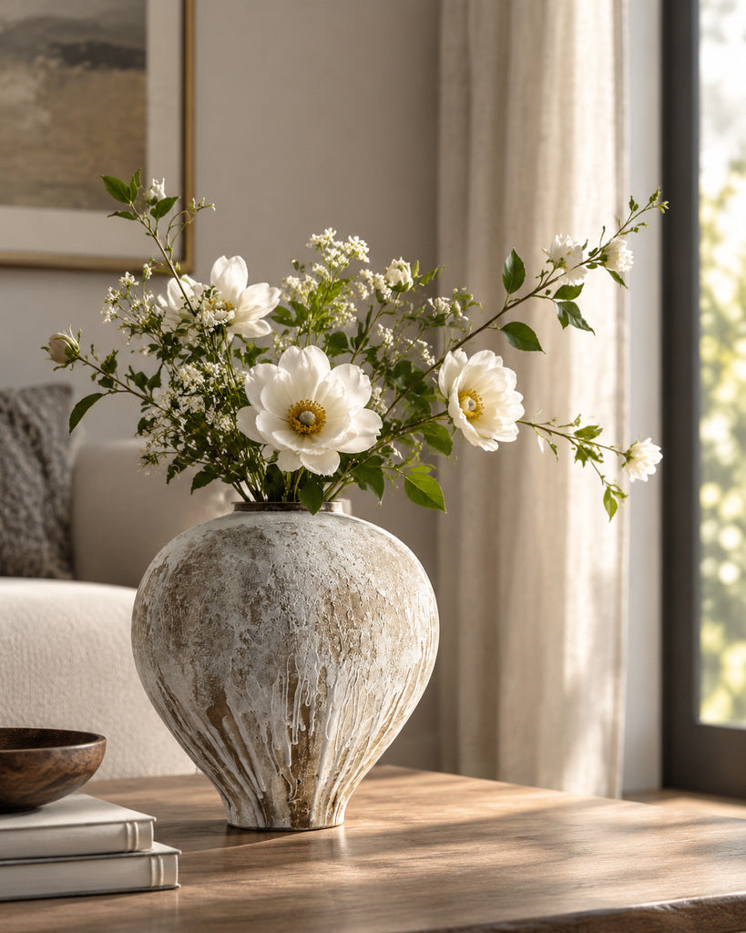 Weathered Taupe & White Teardrop Textured Vase - 10.2"