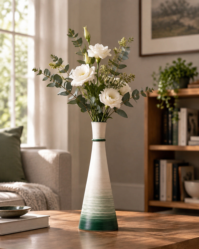 White & Sage Green Tall Ribbed Tapered Sculptural Vase - 14.7"