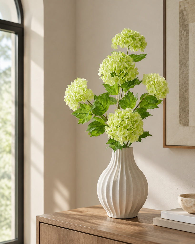 White Green 5-Head Soft-Touch Mini Hydrangea Stem - 85 cm