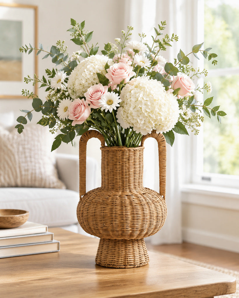 Natural Brown Handcrafted Rattan Double-Handle Pedestal Vase - 12.6"