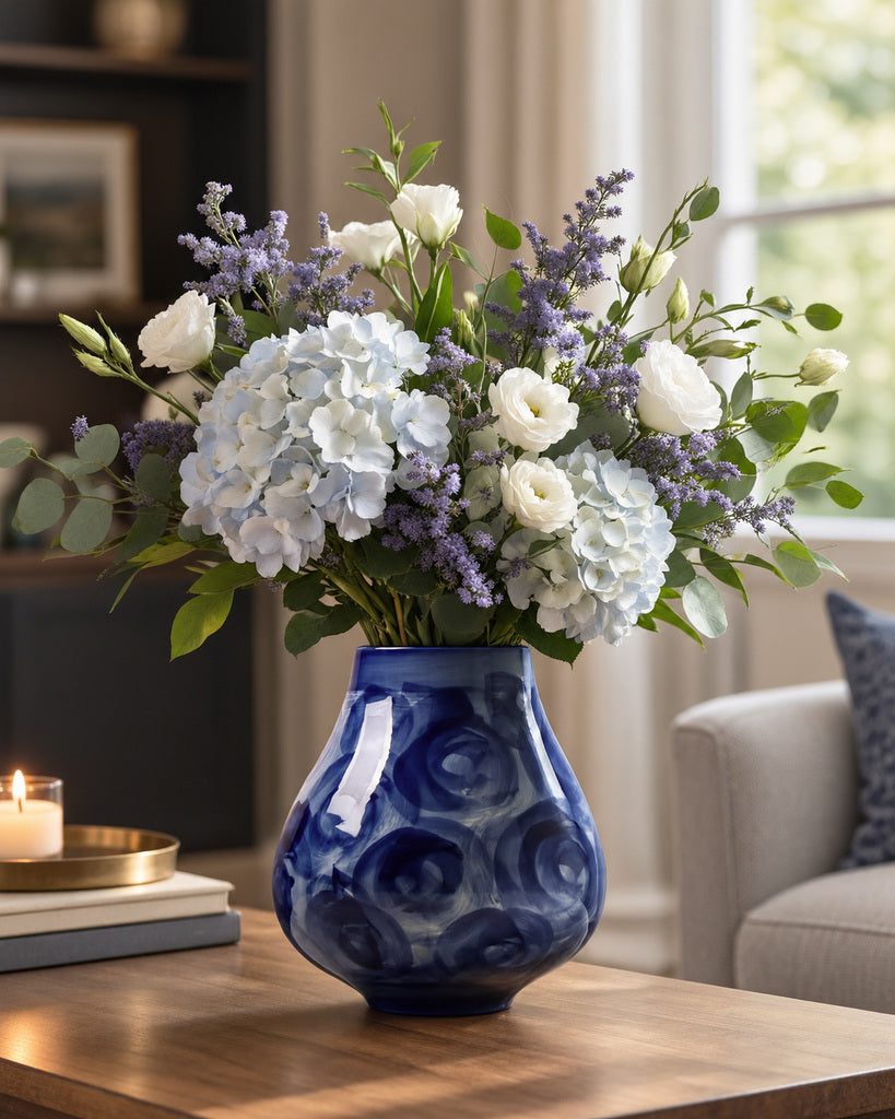 Blue & White Circular Brushstroke Wide-Bodied Vase - 10.6"