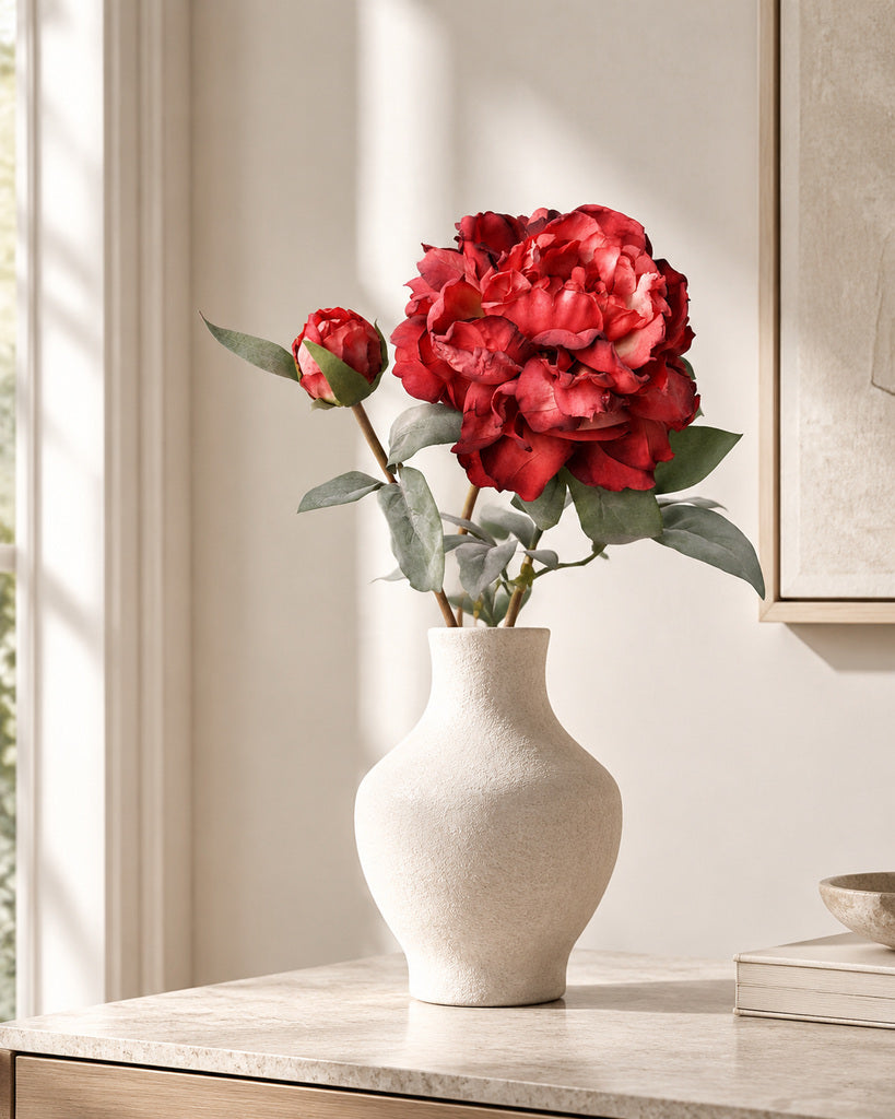 Vintage Red 2-Head Artificial Peony Stem - 64 cm