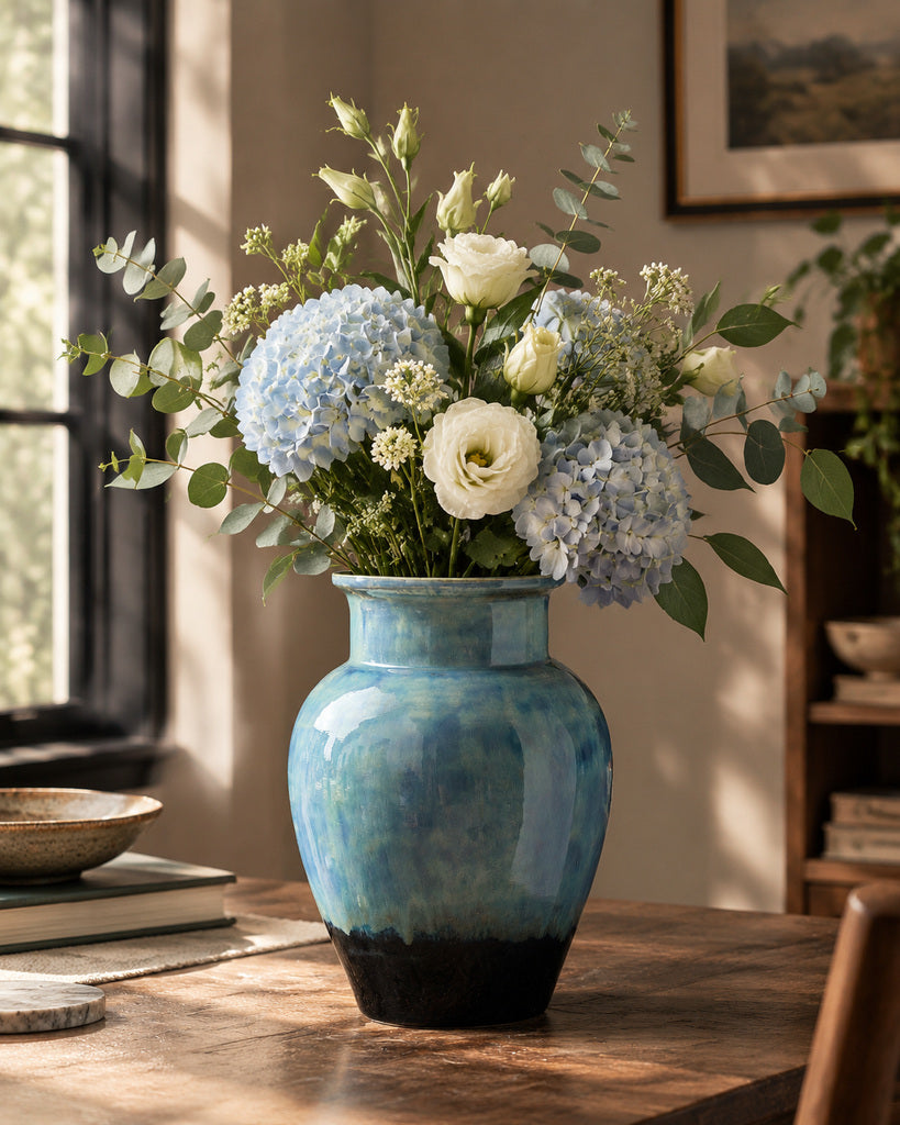 Ice Blue Gradient Glazed Ceramic Vase - 11.4"