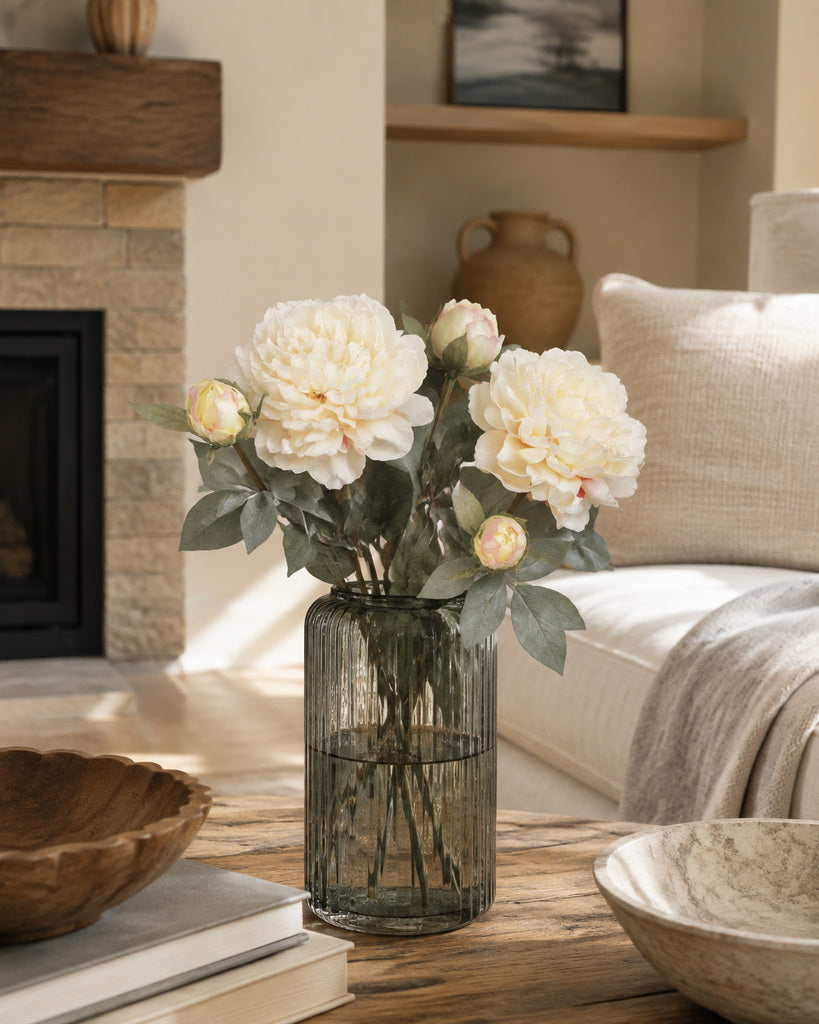 Champagne Fabric Artificial Peony Stem - 64 cm