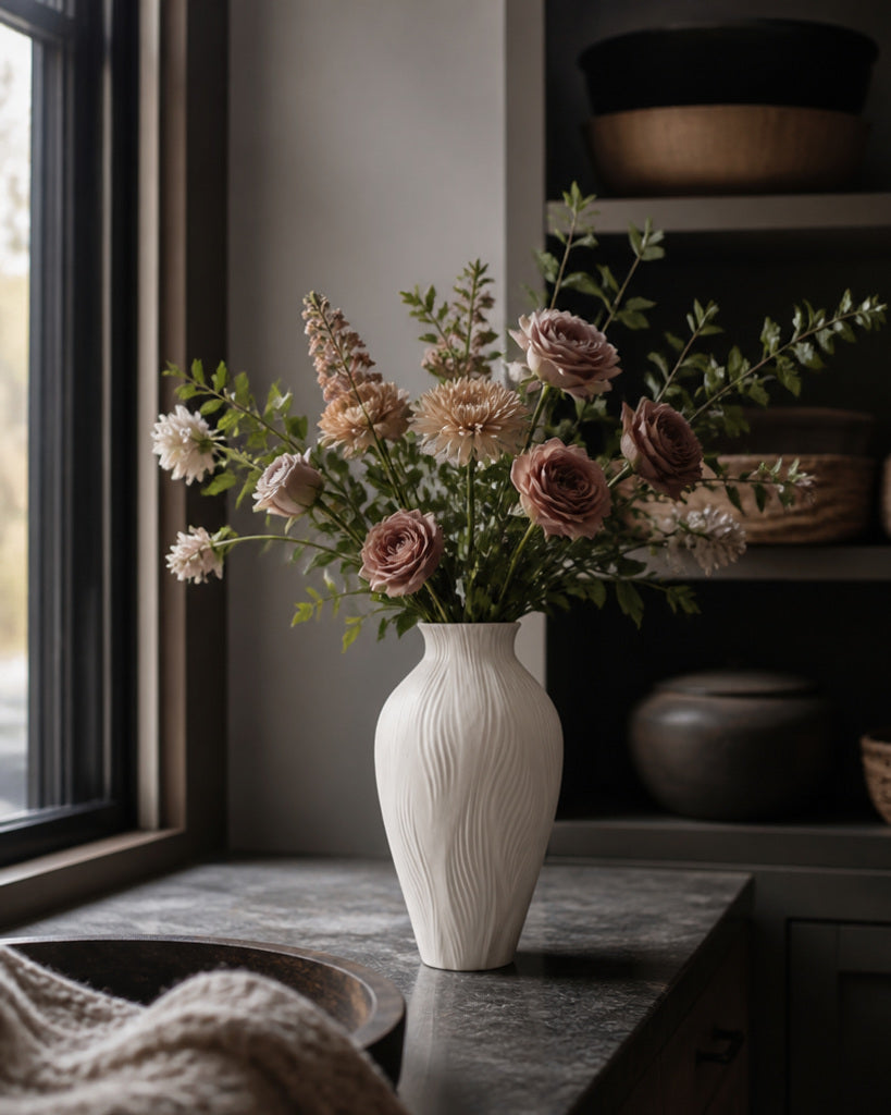 Ivory Flowing Ribbed Ceramic Vase - 11.8"