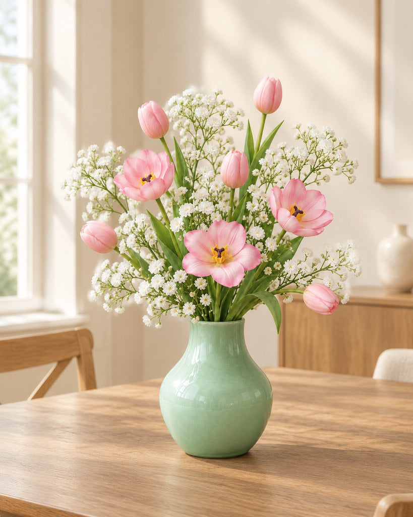 Pink Tulip & White Baby’s Breath Faux Flower Bundle – 12 Stems
