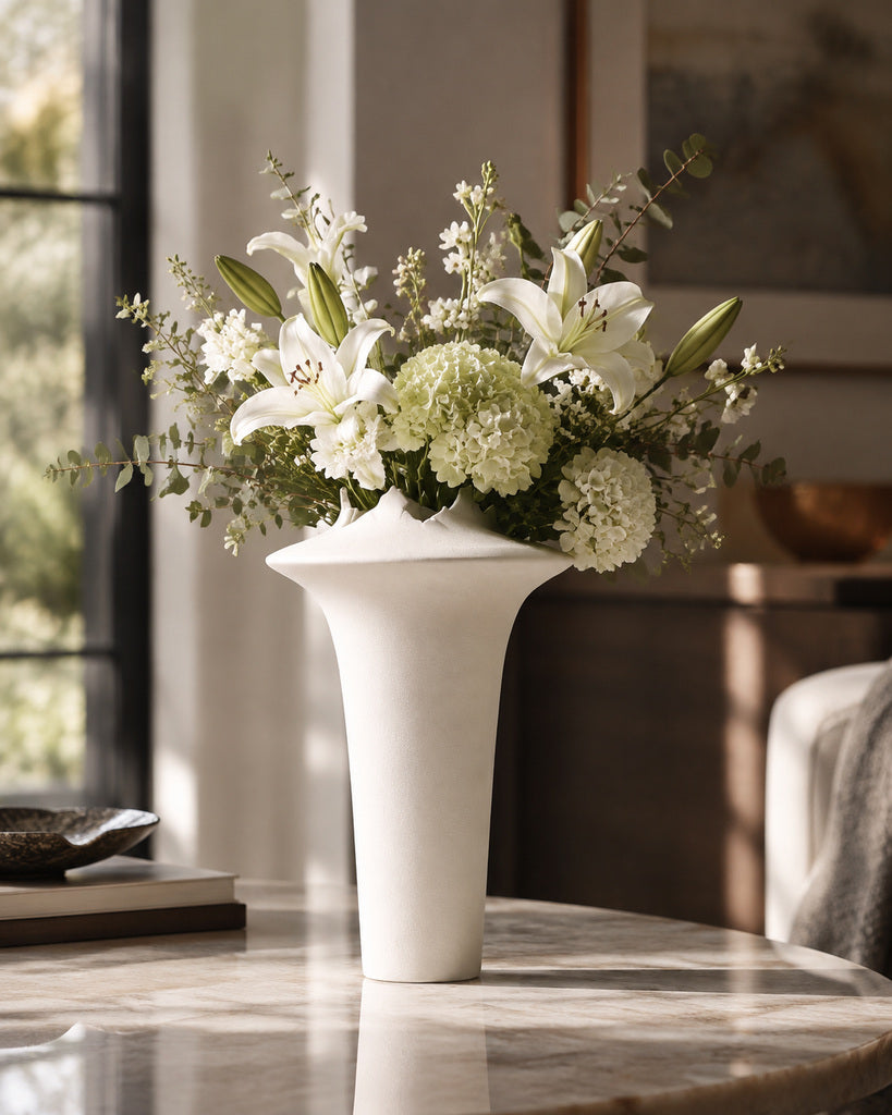 Matte White Jagged-Rim Sculptural Vase - 14.2"