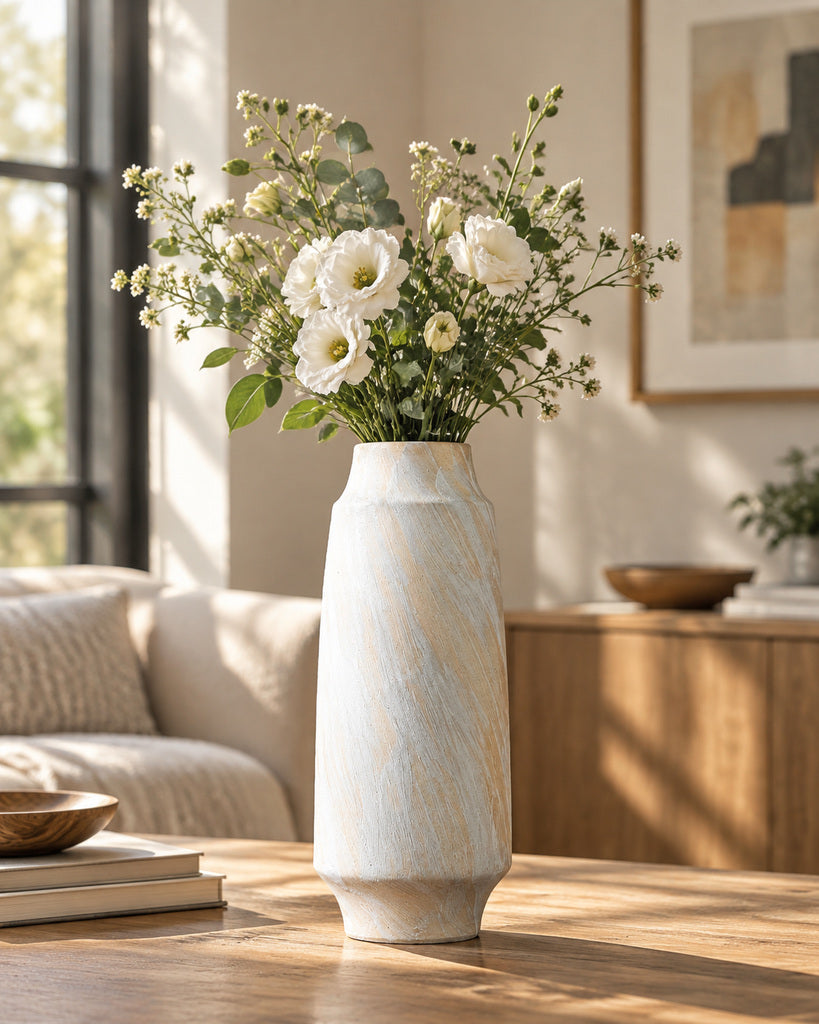 Warm Ivory Brushstroke Textured Slender Vase - 13.8"