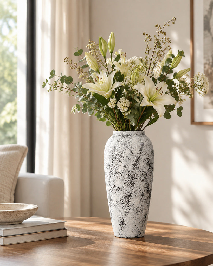 Snow White Speckled Textured Slender Vase - 13.4"