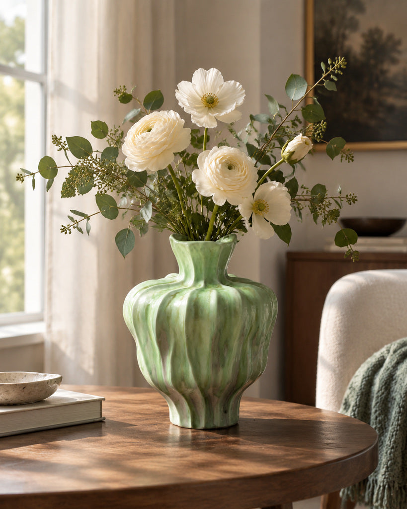 Sage Green Seashell-Curve Hand-Glazed Ceramic Vase - 12.2"