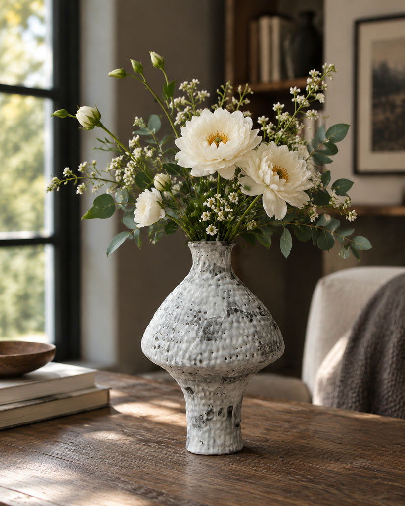Vintage Distressed White Frost Ceramic Vase - 11.6"