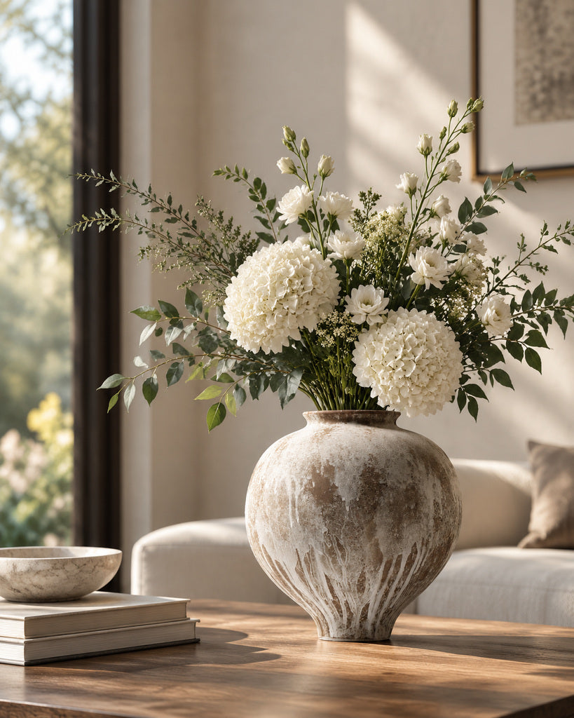 Weathered Taupe & White Wide-Rim Rounded Textured Vase - 11.2"