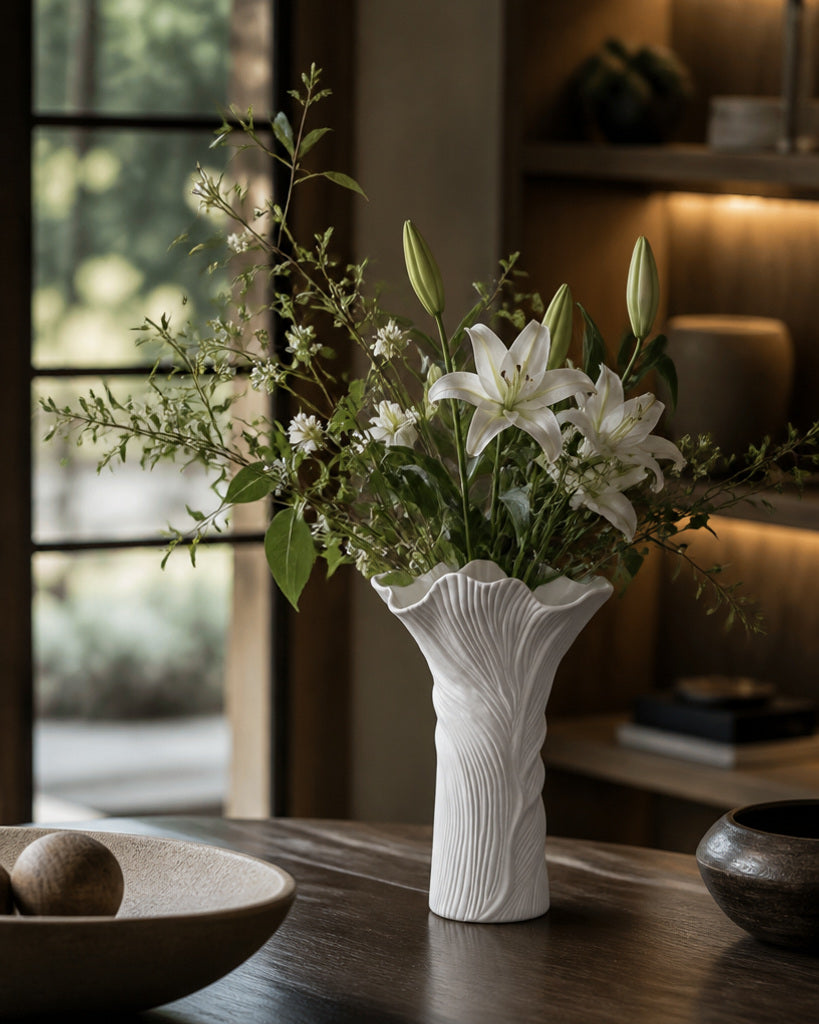 Flowing White Sculptural Ribbed Ceramic Vase - 11"