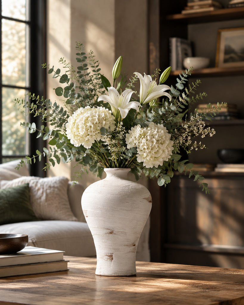 Hand-Glazed Ivory Brush-Textured Sculptural Vase - 8.9"