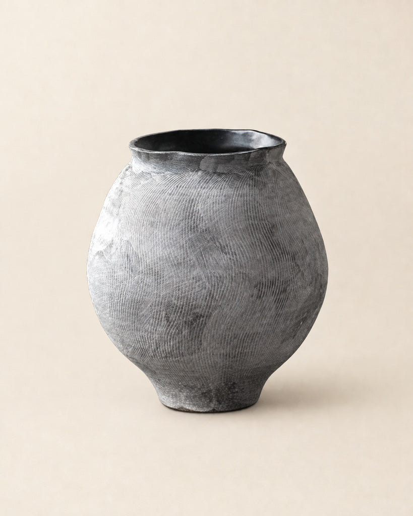 Weathered White Flowing-Line Handmade Ceramic Vase - 10.6"