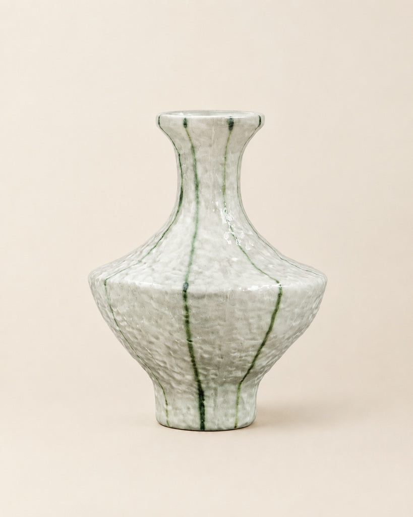 Ivory Green-Striped Textured Sculptural Vase - 11.4"