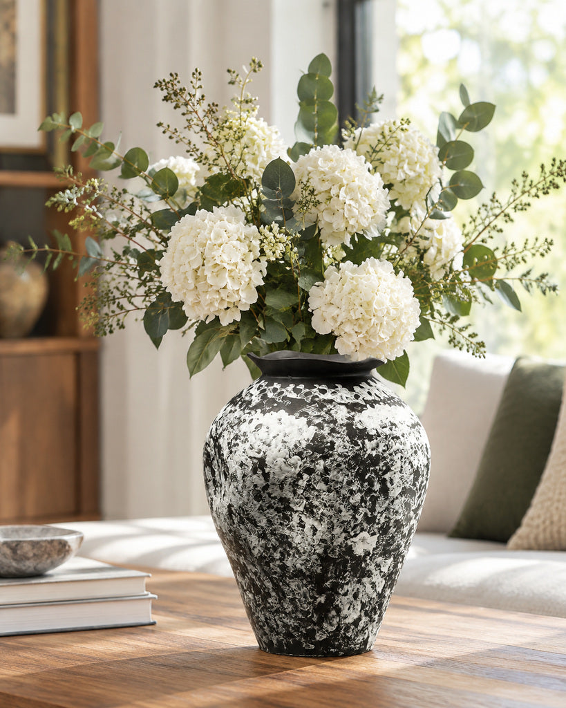 Snow-Covered Black Tall Mottled Textured Vase - 12.9"