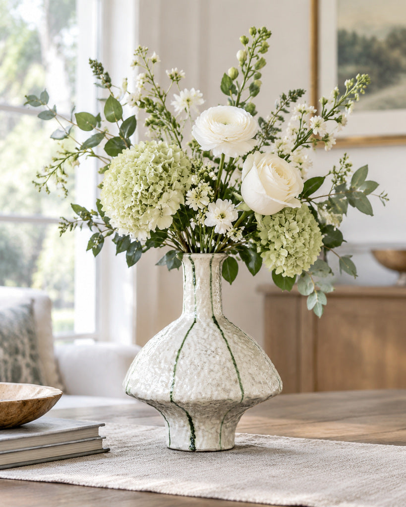 Ivory Green-Striped Wide-Bodied Textured Sculptural Vase - 11.4"