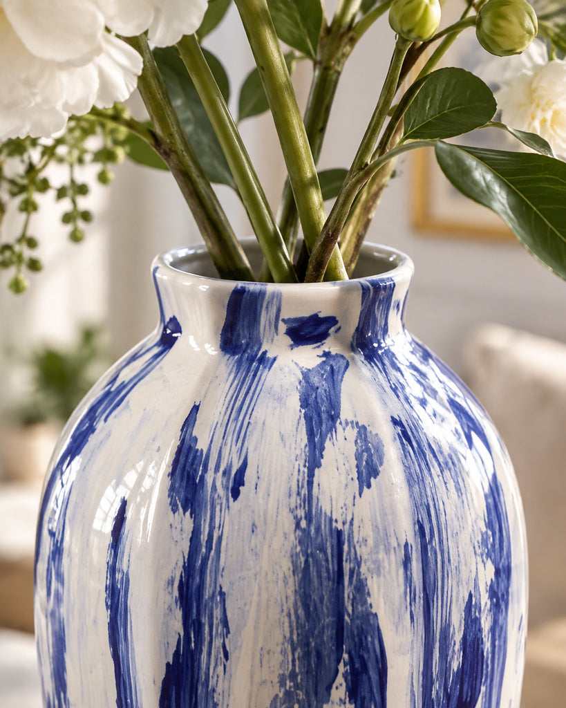 Ivory White & Cobalt Blue Tall Brushstroke Vase - 13.8"