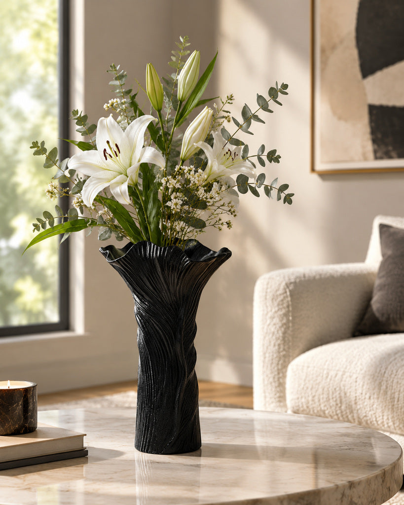 Matte Black Flowing Ribbed Ceramic Vase - 11.0"