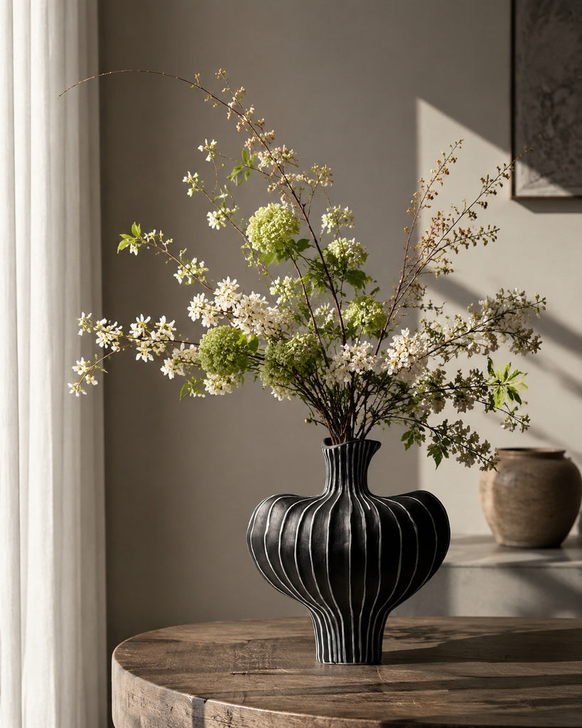 Black & White Winged-Rib Sculptural Vase - 10.2"