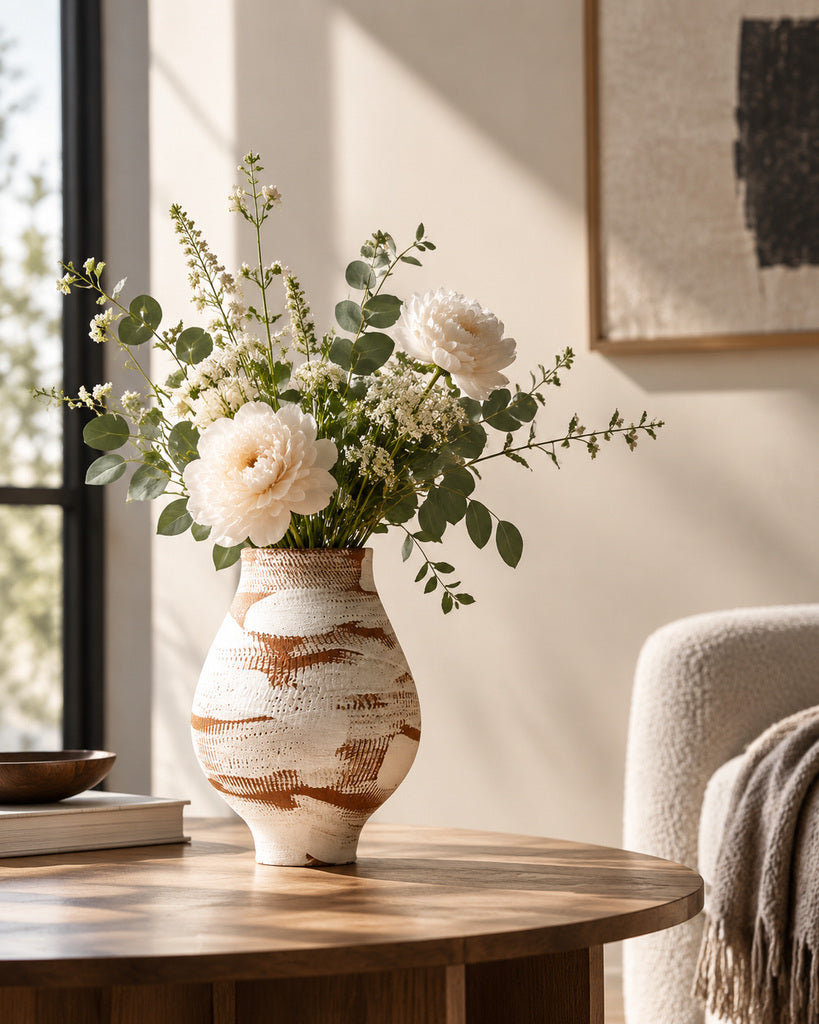 Caramel Brown & White Brushstroke Textured Vase - 9.5"