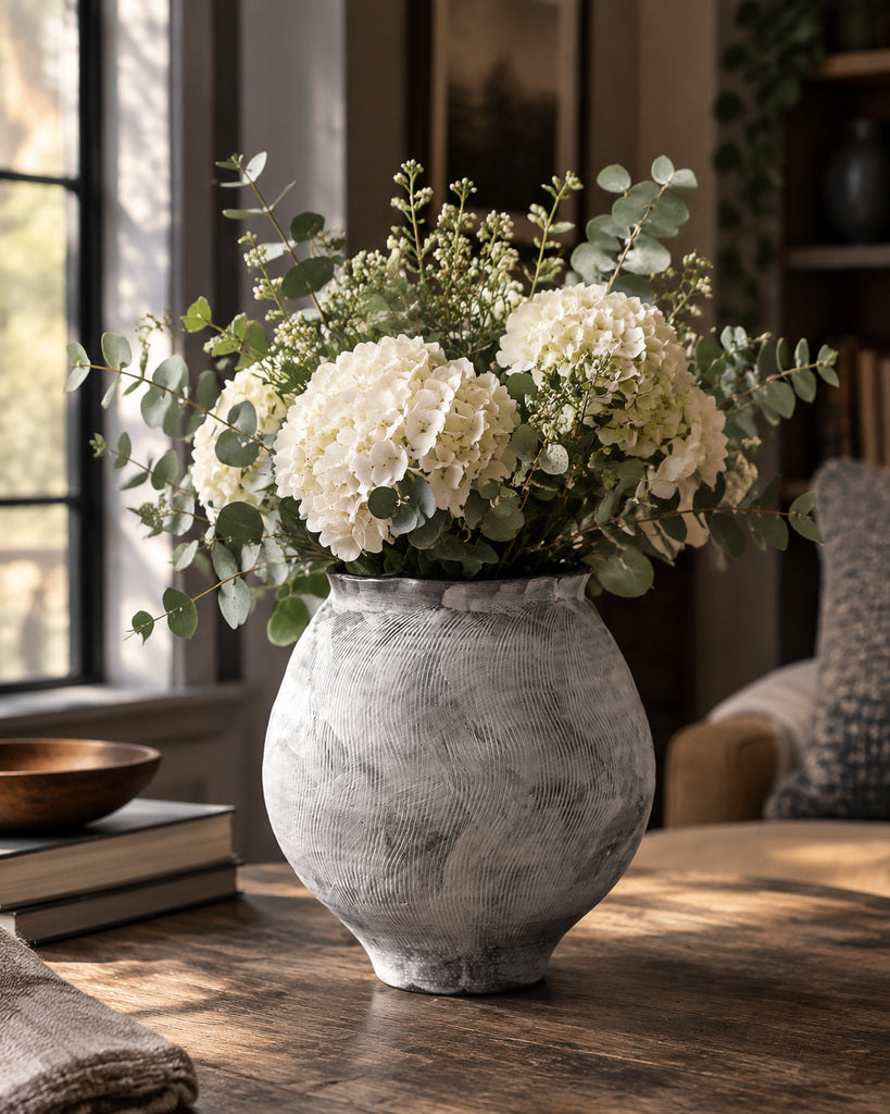 Weathered White Flowing-Line Handmade Ceramic Vase - 10.6"