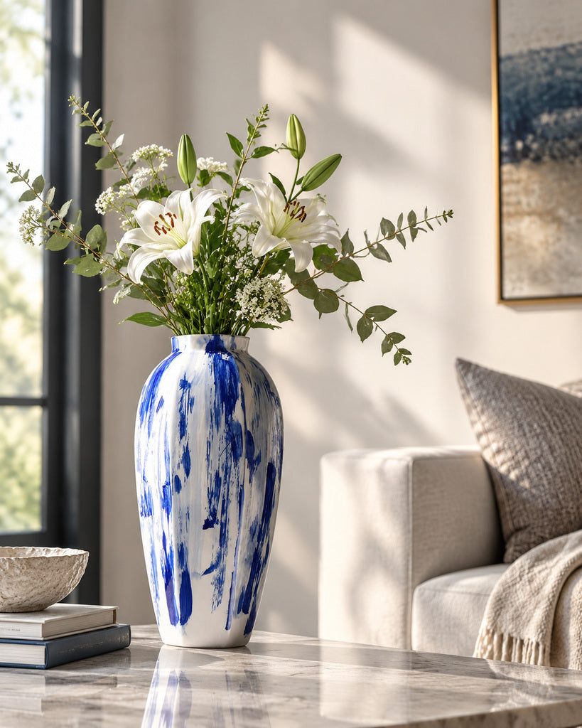 Ivory White & Cobalt Blue Extra-Tall Brushstroke Vase - 15.6"