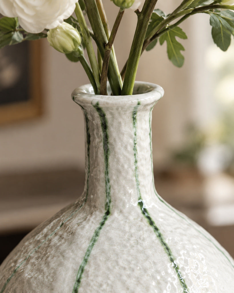 Ivory Green-Striped Wide-Bodied Textured Sculptural Vase - 11.4"