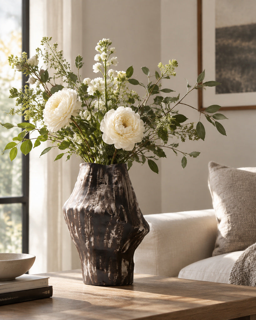 Dark Brown & Ivory Distressed Sculptural Vase - 11.5"