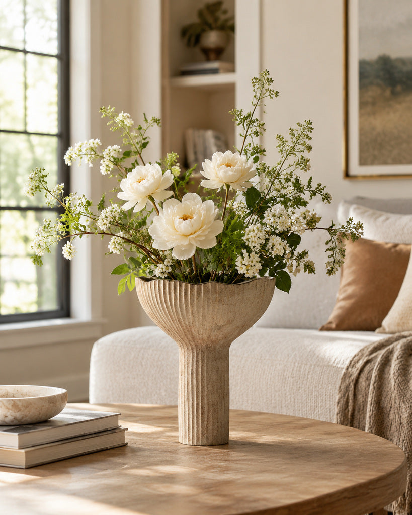Weathered Taupe Ribbed Fan-Form Sculptural Vase - 10.0"