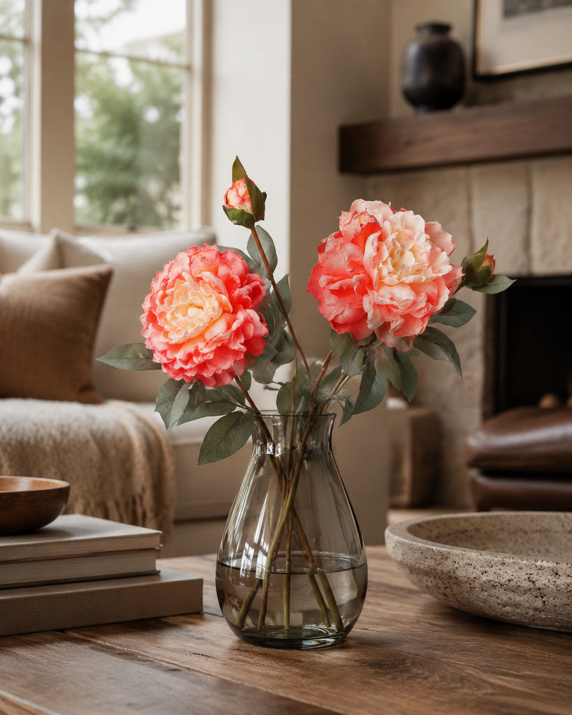 Peach Pink Fabric Artificial Peony Stem - 64 cm