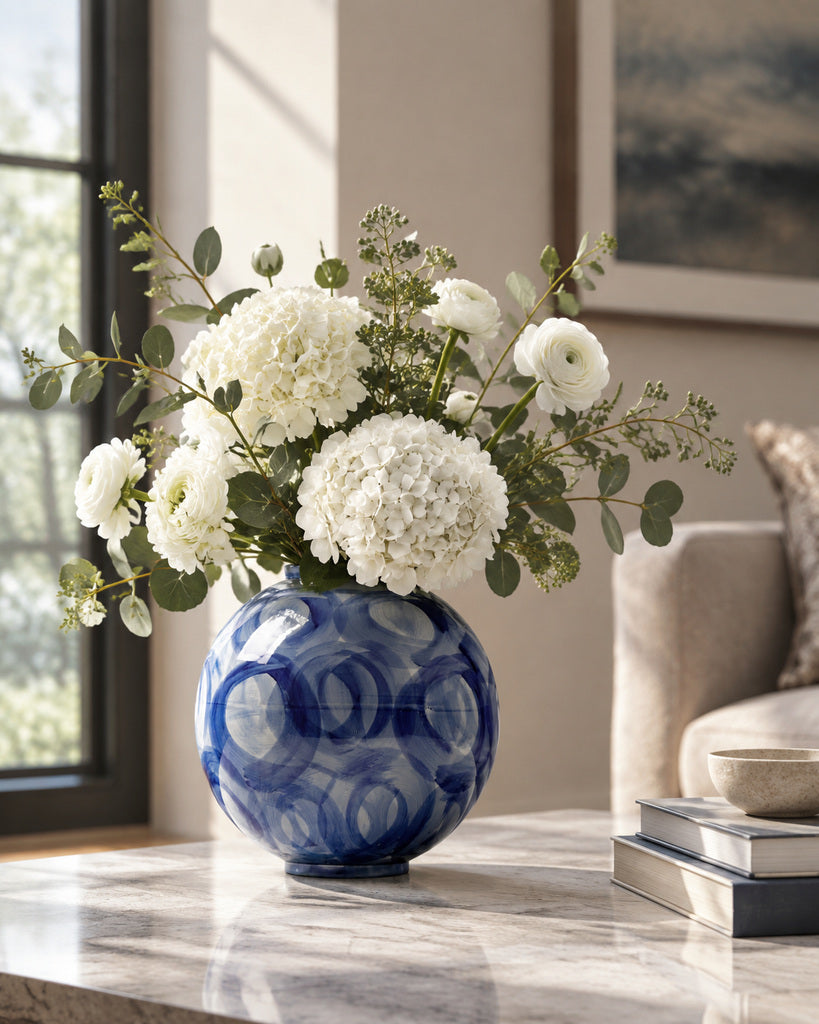 Blue & White Circular Brushstroke Rounded Vase - 11.0"