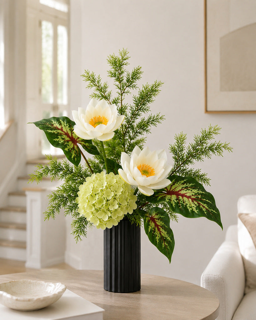 White Lotus, Green Hydrangea & Tropical Foliage Faux Flower Bundle