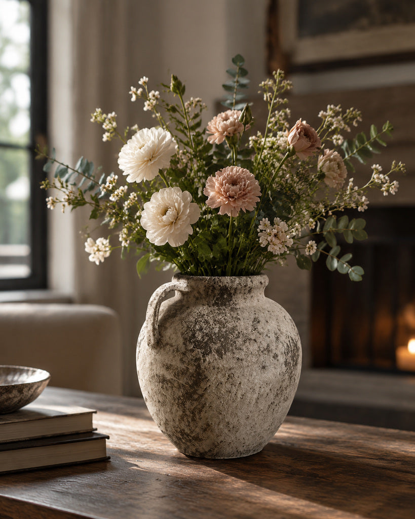Weathered Ivory Single-Handle Wide-Rim Earthenware Vase - 11.8"