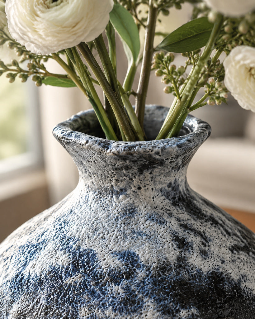 Mottled Blue-Gray Bubble-Textured Tall Ceramic Vase - 13.8"