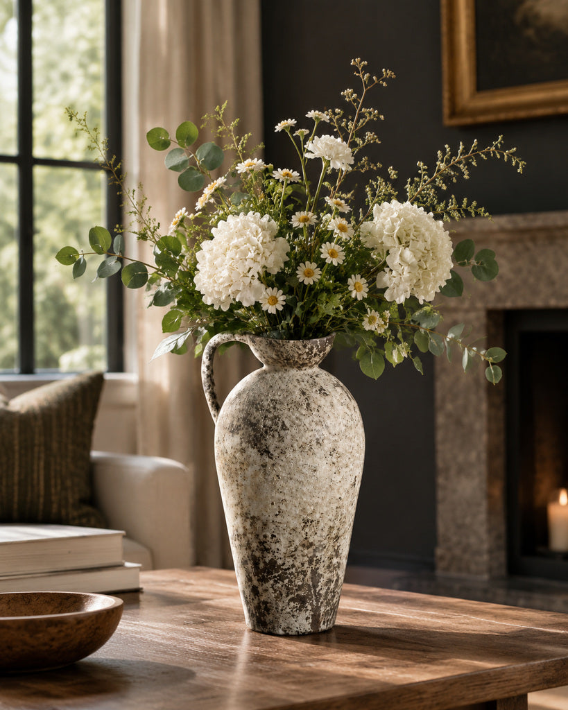 Weathered Ivory Single-Handle Bowl-Rim Earthenware Vase - 14.2"