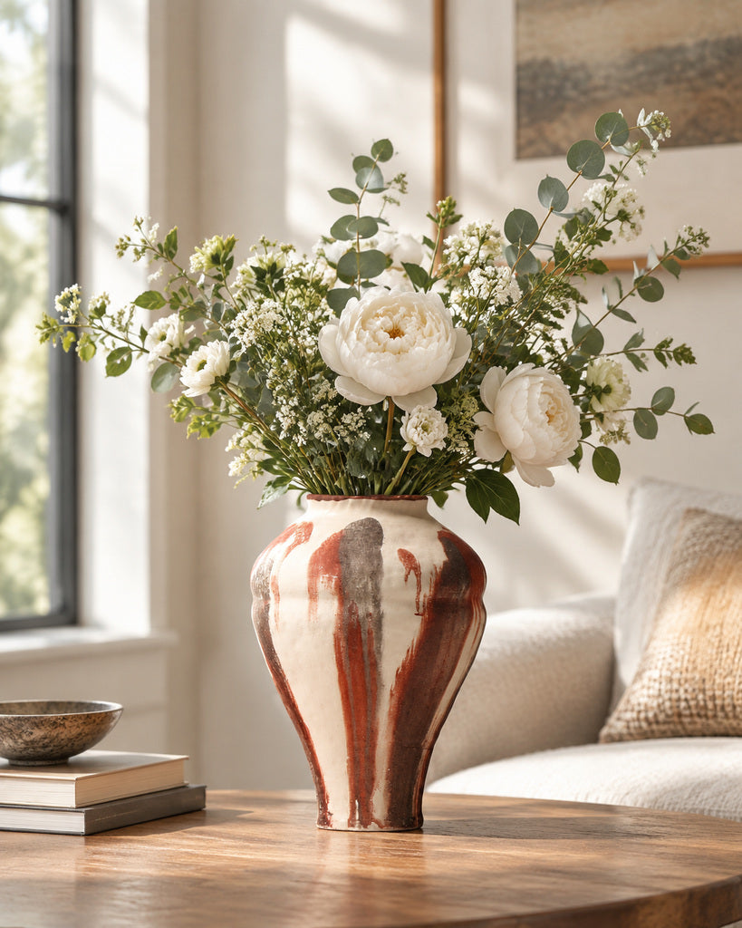Ivory & Rust Red Brushstroke Sculptural Vase - 10.5"