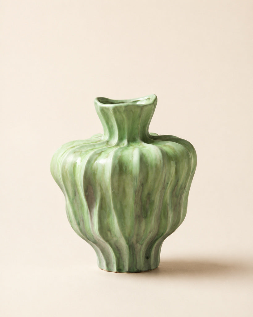 Sage Green Seashell-Curve Hand-Glazed Ceramic Vase - 12.2"